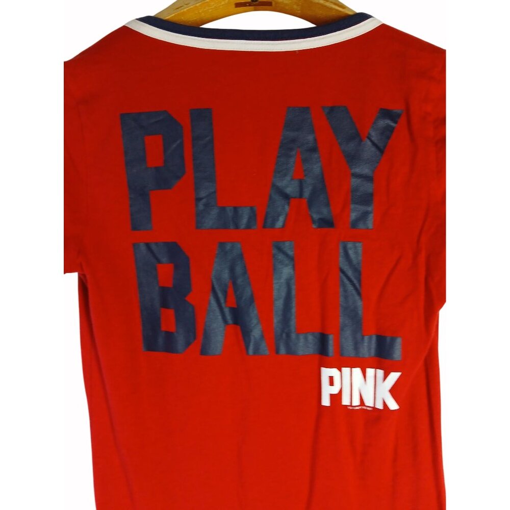 Victorias Secret Pink Red Sox V Neck T Shirt L Boston Play Ball Red Blue White - Picture 7 of 15